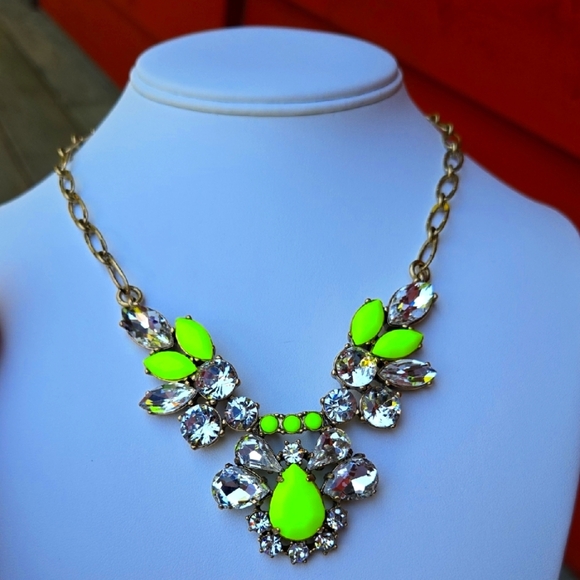 J Crew Gold (Brass Tone ?) and Neon Green Statement Crystal Necklace - Picture 2 of 13
